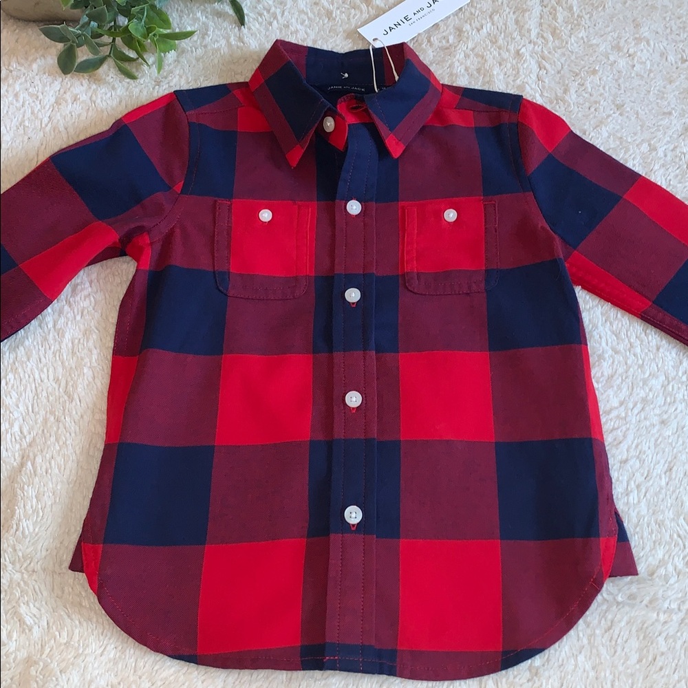 NWT Janie and Jack Bradbury Red Plaid Button Down Shirt Navy 12-18M